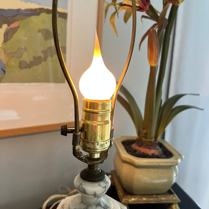 Light bulb in a decorative lamp with a plant and painting in the background