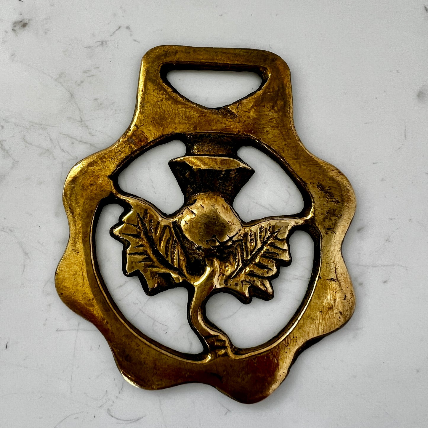 brass medallion onmarble surface