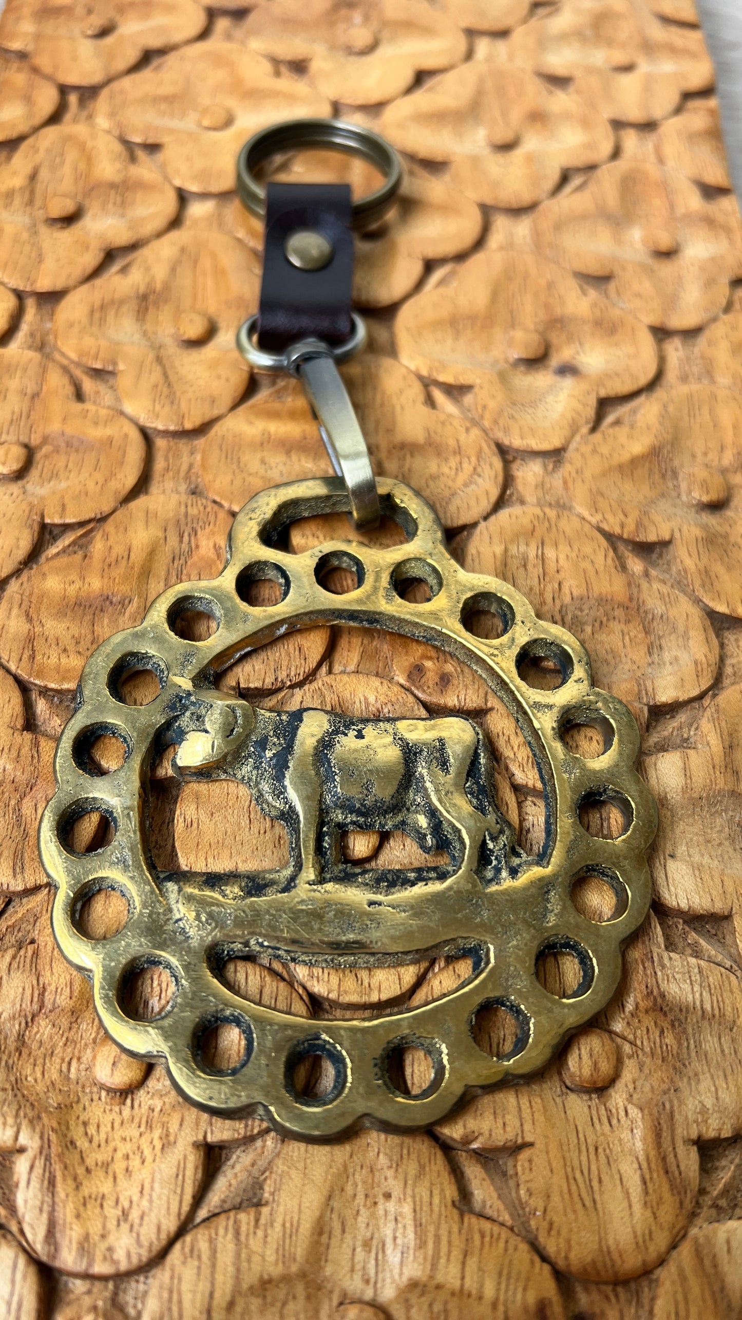 Vintage Brass Cow Medallion Keychain Horse Medallion Brass Bull Cow Bridle Harness
