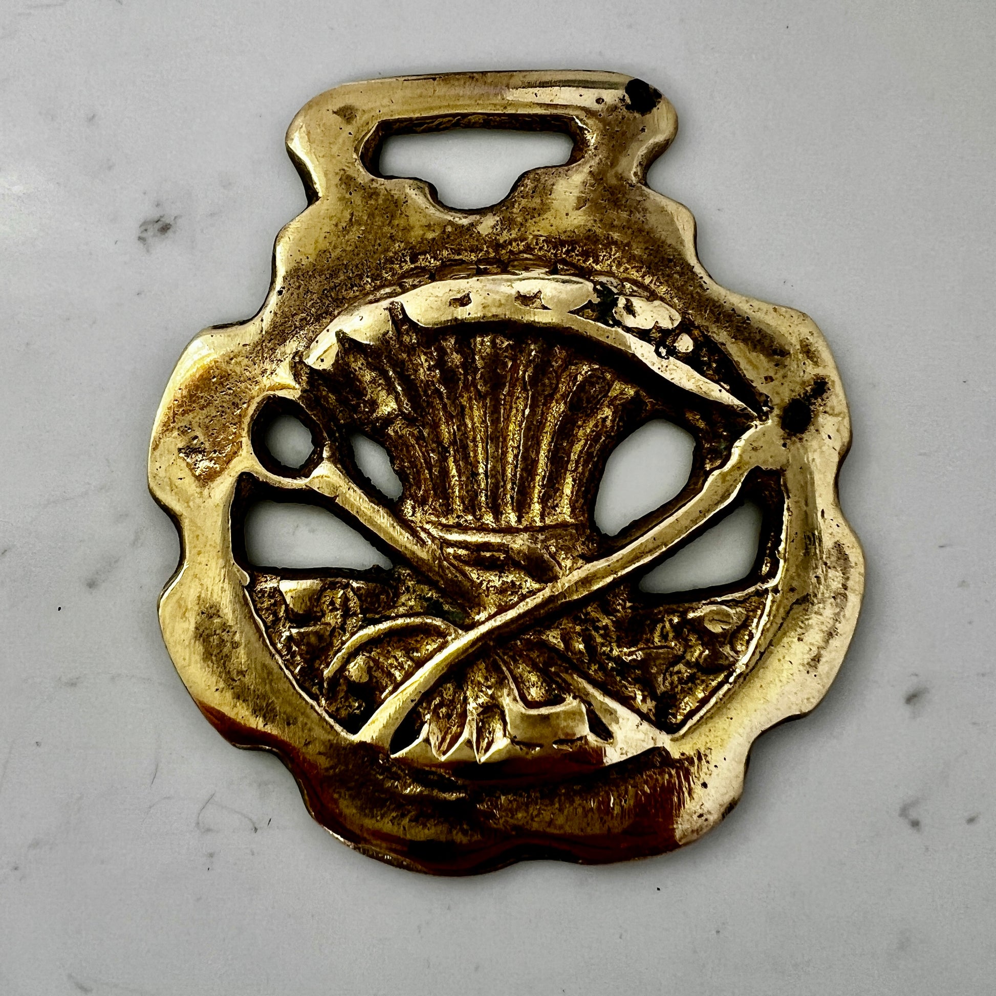 Gold metal badge with shell and spear design on a gray background
