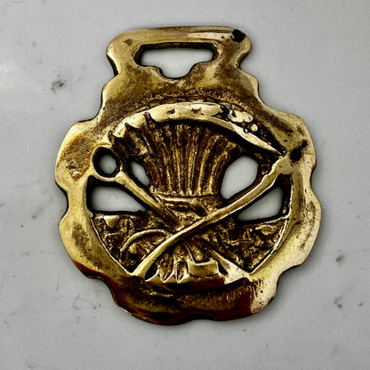 Gold metal badge with shell and spear design on a gray background