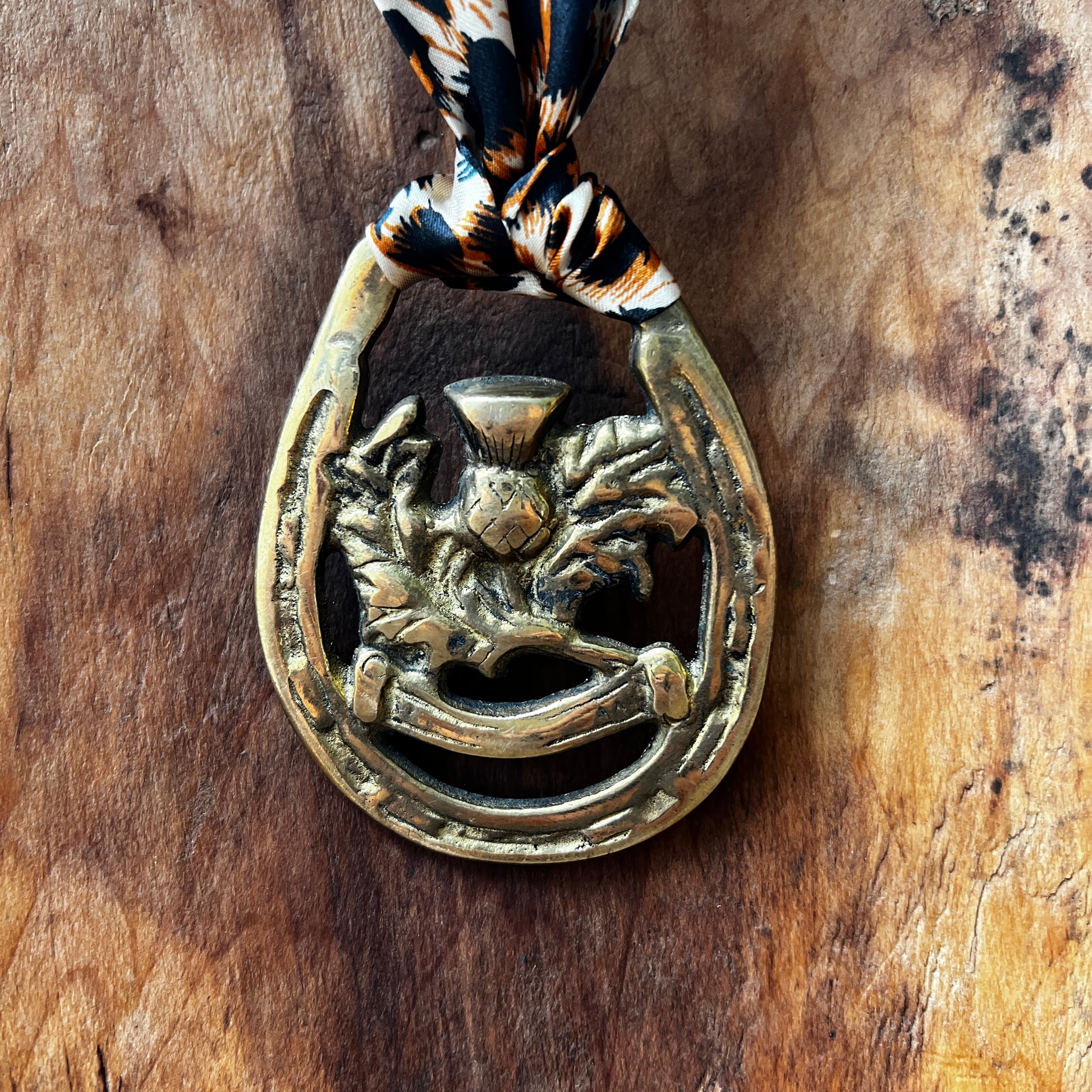 Vintage brass Scottish thistle medallion necklace with leopard-print scarf, rustic boho jewelry.