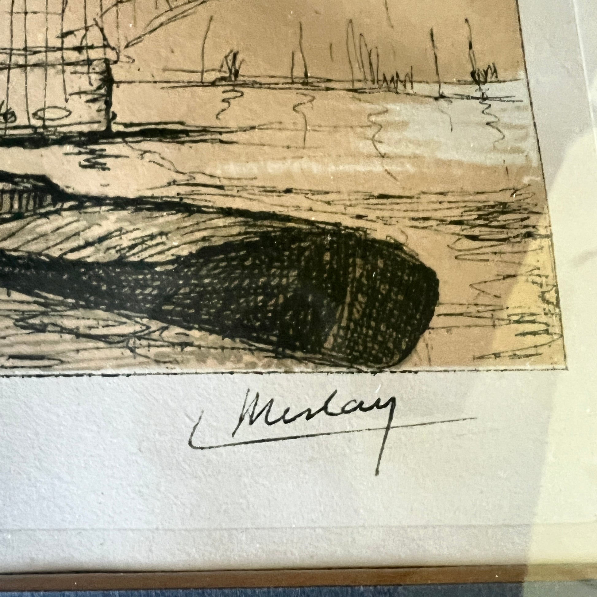 Close-up of a sepia-toned artwork showing a sketched boat or vessel on water, with a white border and an artist signature reading 'Meslay' below.