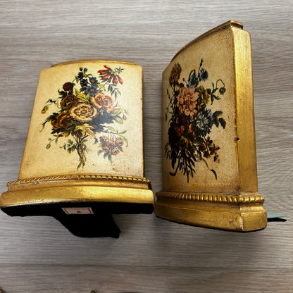 Pair of vintage MCM Borghese floral gold bookends with raised flower design for styled shelves or mid century décor.