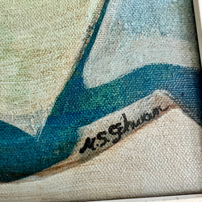 Close-up of a textured canvas painting featuring abstract organic shapes in teal blue, cream, and light gray, with a black handwritten signature reading 'M.S. Schwan
