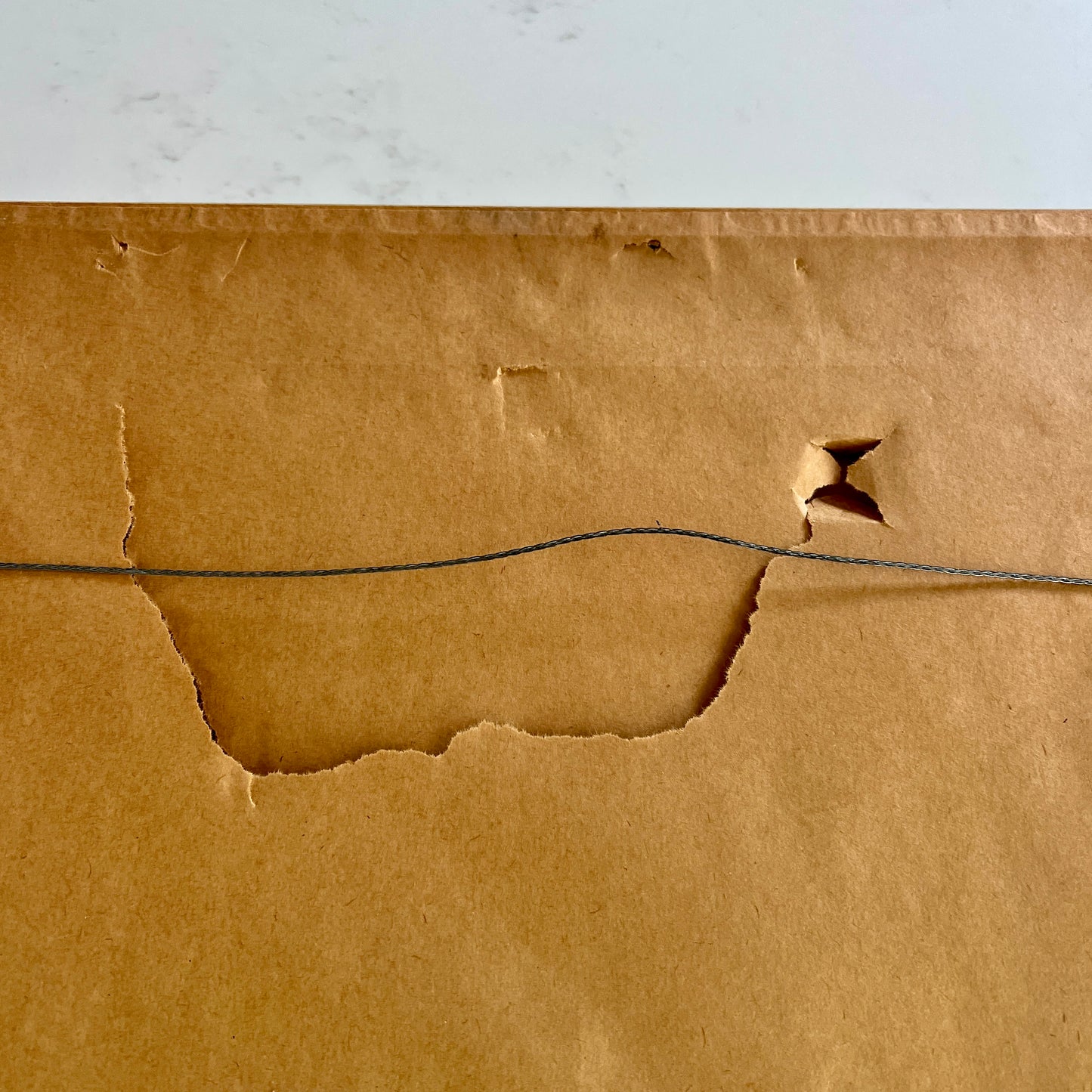back of framed art showing torn brown paper and wire hanger