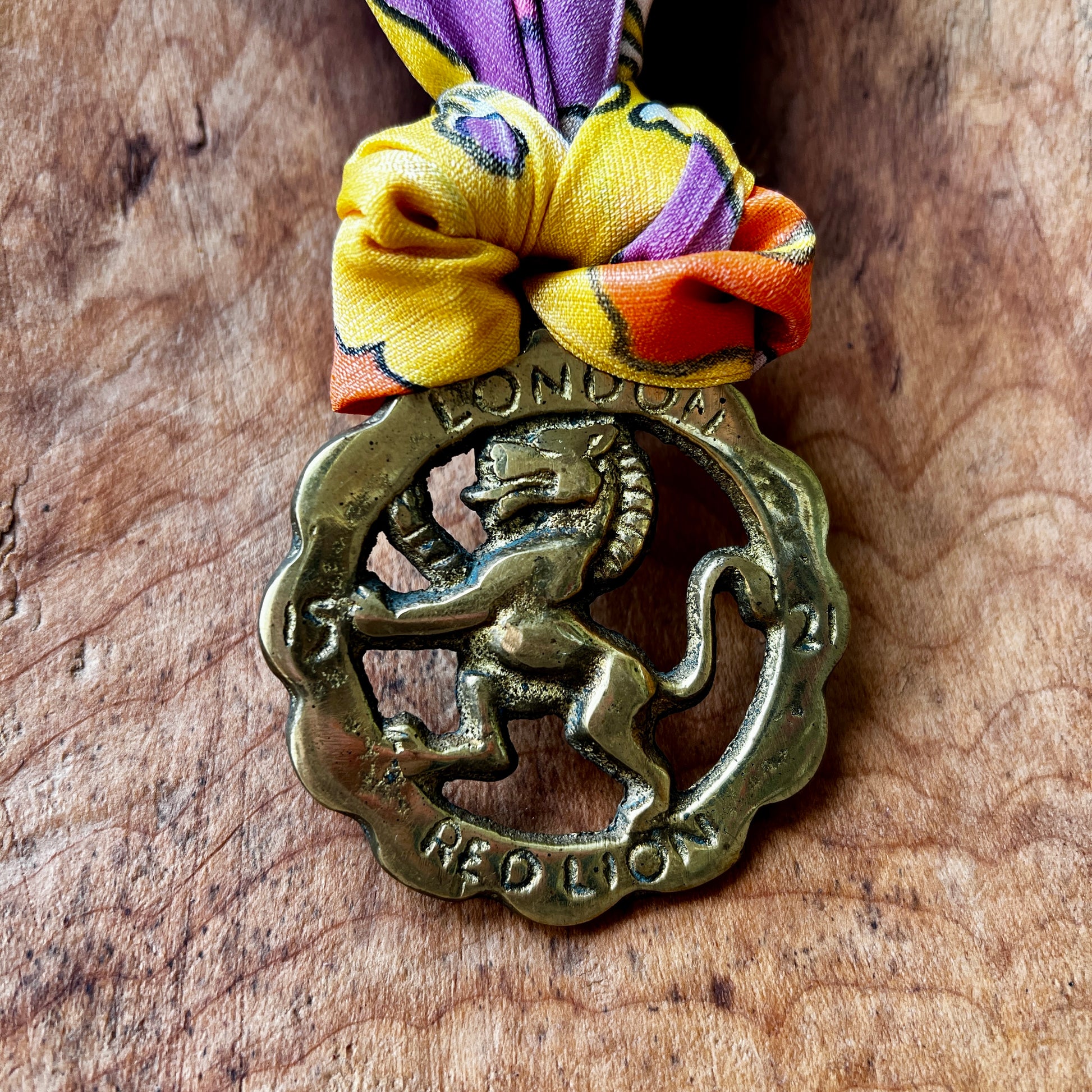 Bronze lion emblem with colorful ribbon on a wooden surface