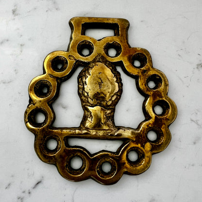 Vintage horse brass medallion on white background