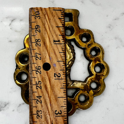 Measurements of Vintage horse brass medallion necklace with geometric scarf, rustic equestrian jewelry. on white background