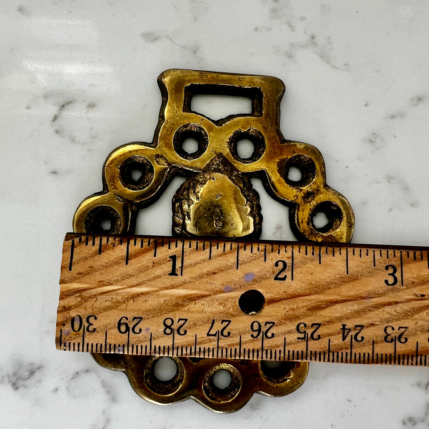 Measurements of Vintage horse brass medallion necklace with geometric scarf, rustic equestrian jewelry on white background
