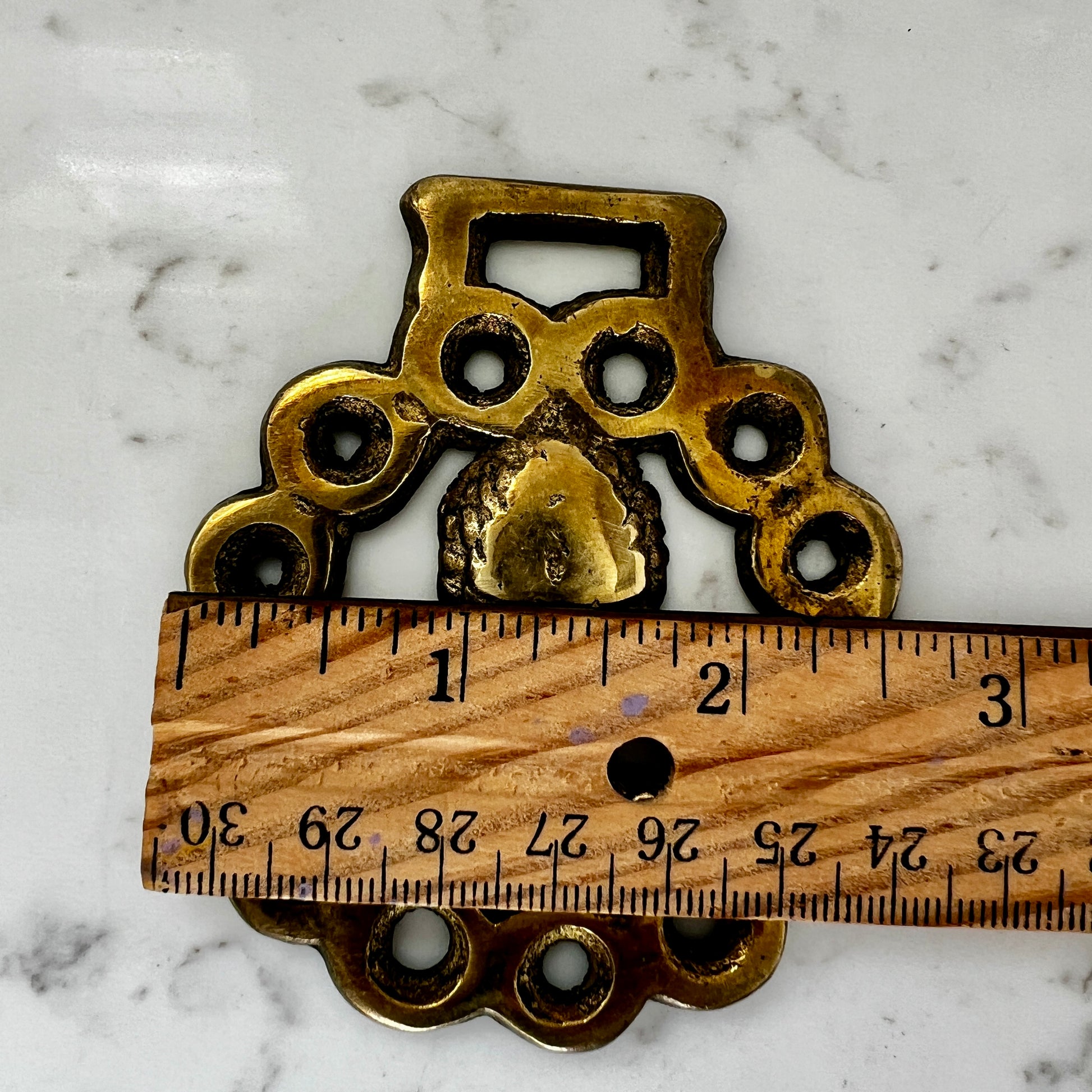 Measurements of Vintage horse brass medallion necklace with geometric scarf, rustic equestrian jewelry on white background