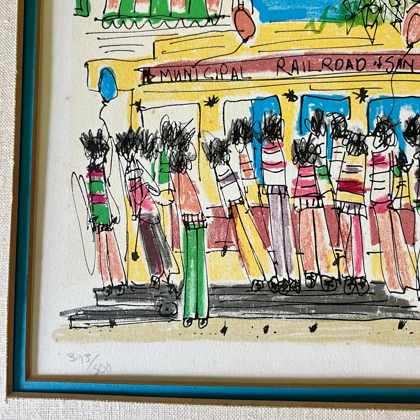 A framed hand-drawn illustration of a crowd of people standing in front of a building labeled 'MUNICIPAL RAILROAD CO.', with expressive black sketch lines and colorful clothing details on a cream background.