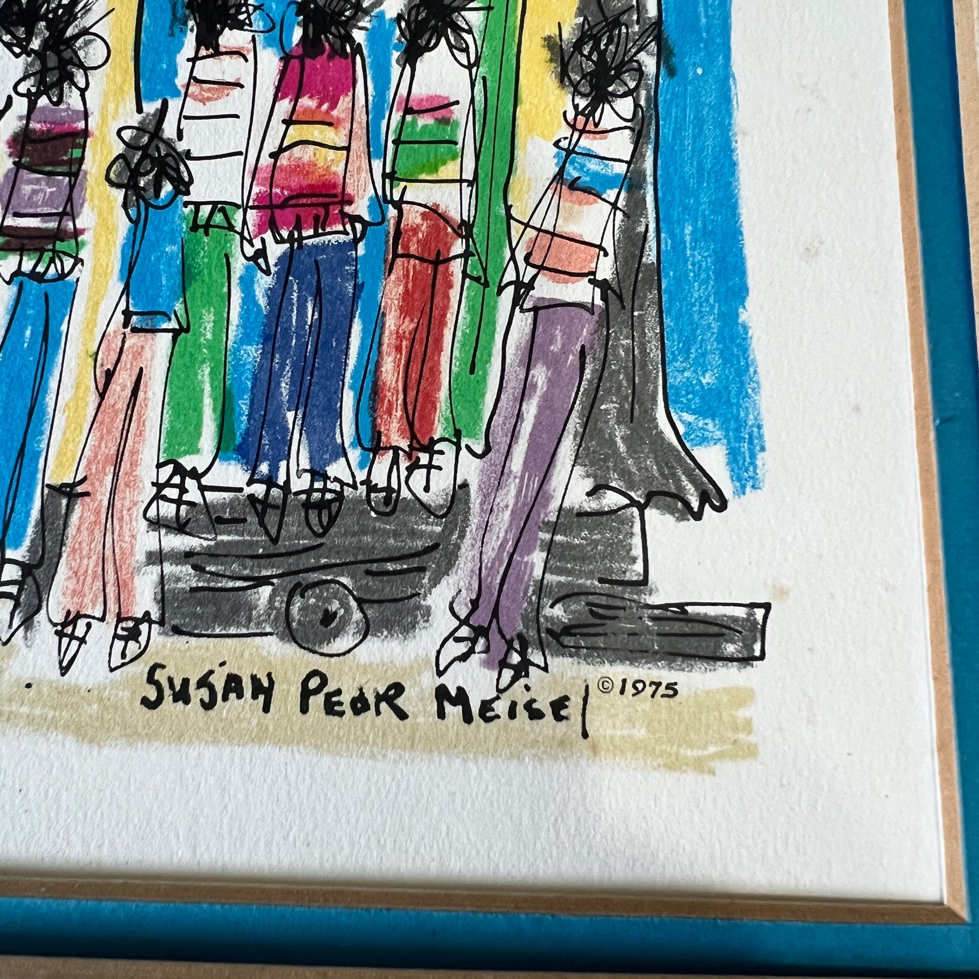 A close-up of a framed artwork showing a colorful, sketch-like illustration of several figures standing on a platform. The piece is signed 'Susan Pear Meise 1975' and includes a blue frame border.