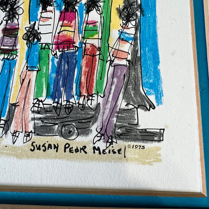 A close-up of a framed artwork showing a colorful, sketch-like illustration of several figures standing on a platform. The piece is signed 'Susan Pear Meise 1975' and includes a blue frame border.