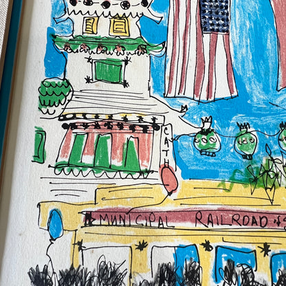 A close-up of a hand-drawn, colorful illustration on paper, showing a stylized building, an American flag, balloons, and the words 'MUNICIPAL RAILROAD.' This appears to be artwork or a printed illustration rather than a standard product photo.