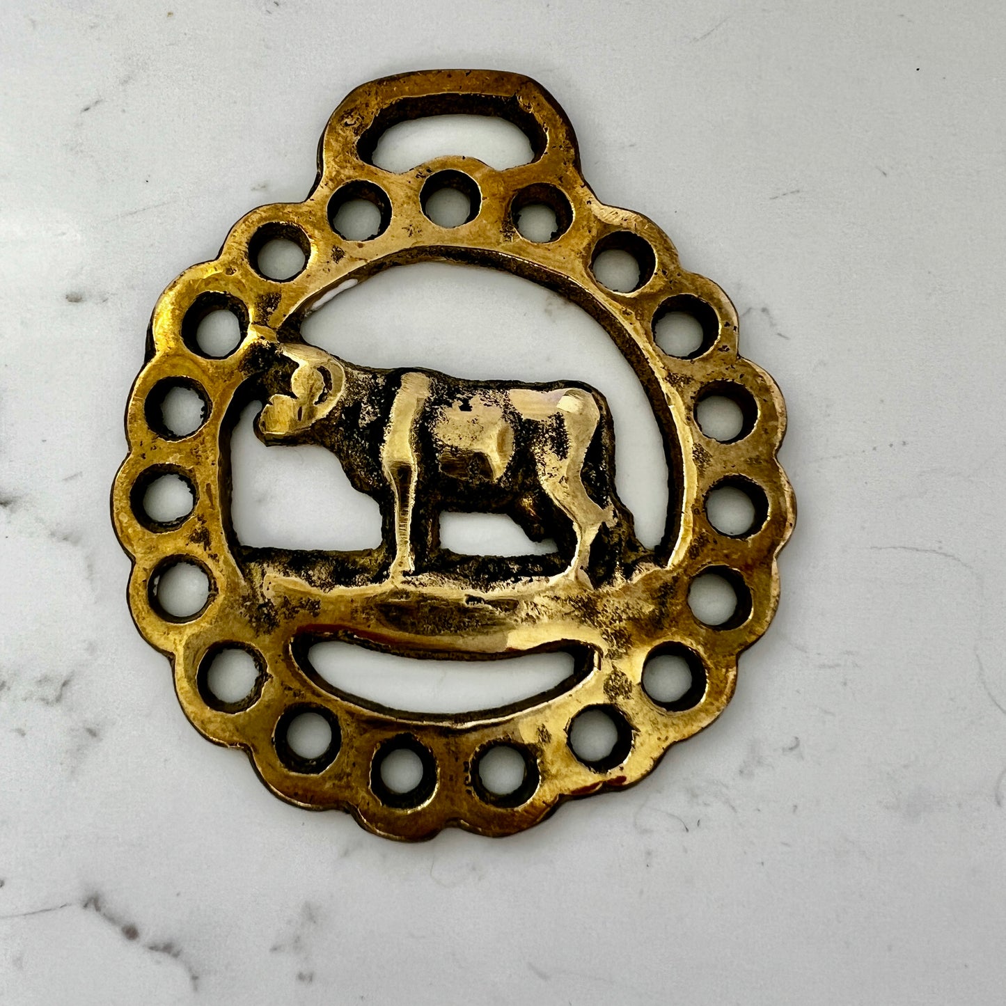 Decorative brass medallion with a bull design on a marble surface