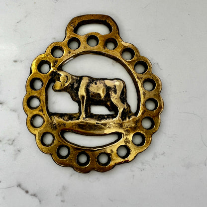 Decorative brass medallion with a bull design on a marble surface