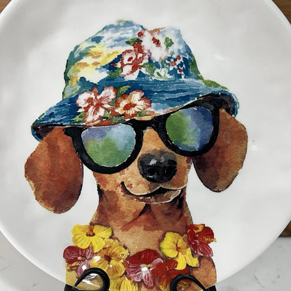 Artistic depiction of a dog wearing sunglasses and a floral hat on a white background