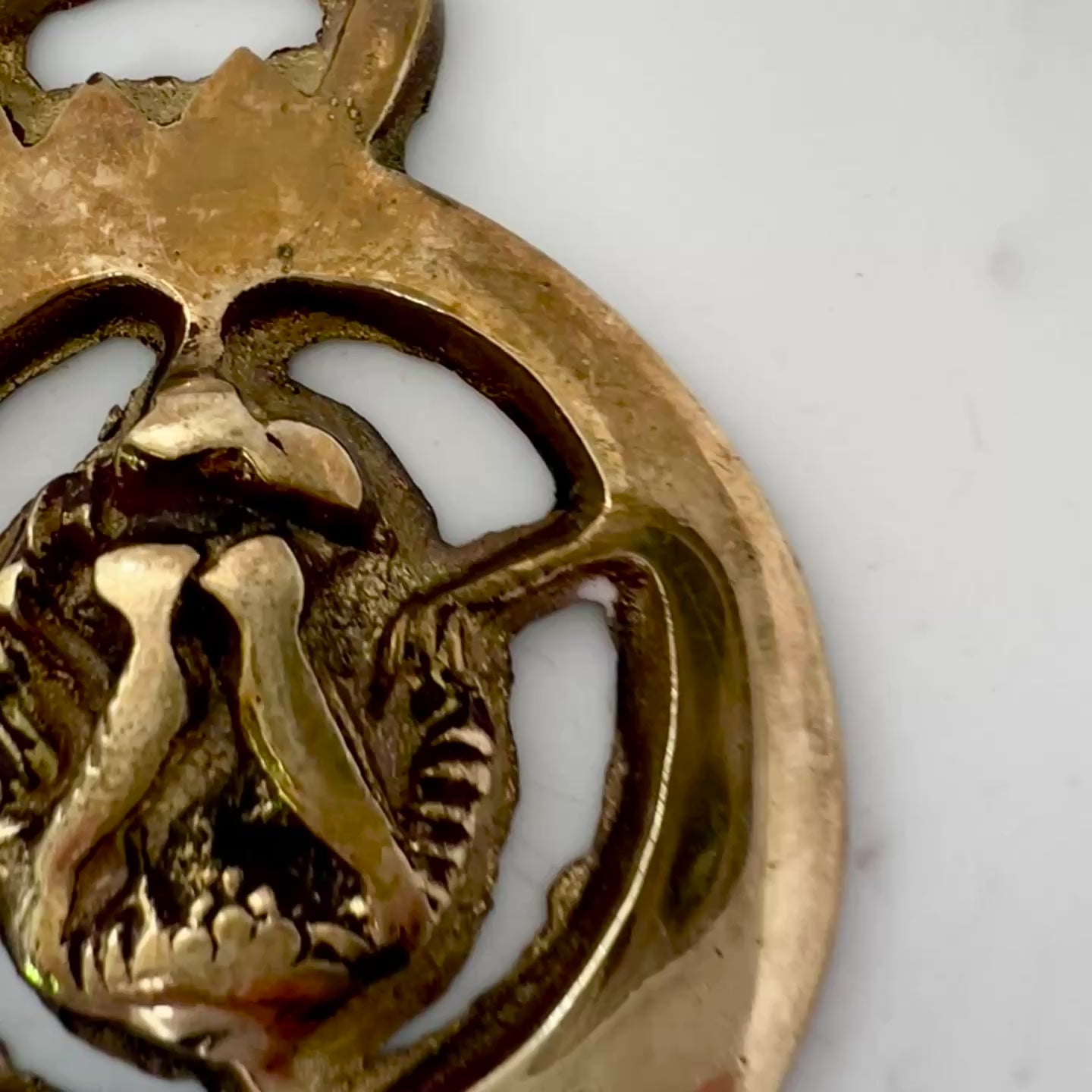 Video Vintage brass love birds medallion keychain with leather loop and brass key ring.