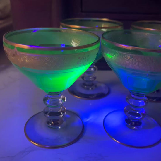 Video of Bryce- Bros- Uranium- Glass- Sherbet- Glasses- Set- of- 8- Green- Gold- Encrusted- 