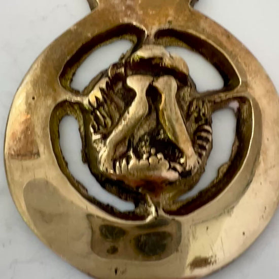 Video Vintage brass love birds medallion keychain with leather loop and brass key ring.