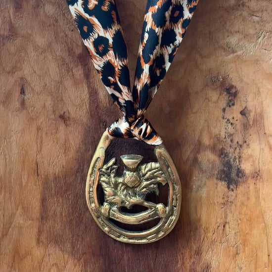 Video ofVintage brass Scottish thistle medallion necklace with leopard-print scarf, rustic boho jewelry.