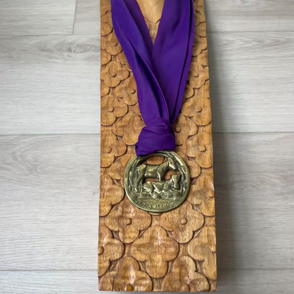 Vintage Dartmoor Pony Horse Brass Medallion Necklace Purple Scarf Equestrian Statement Jewelry Gift for Horse Lovers Cottagecore Style
