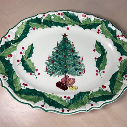 Video of italian-hand-painted-christmas-tree-holly-oval-ceramic-platter-21-inch.